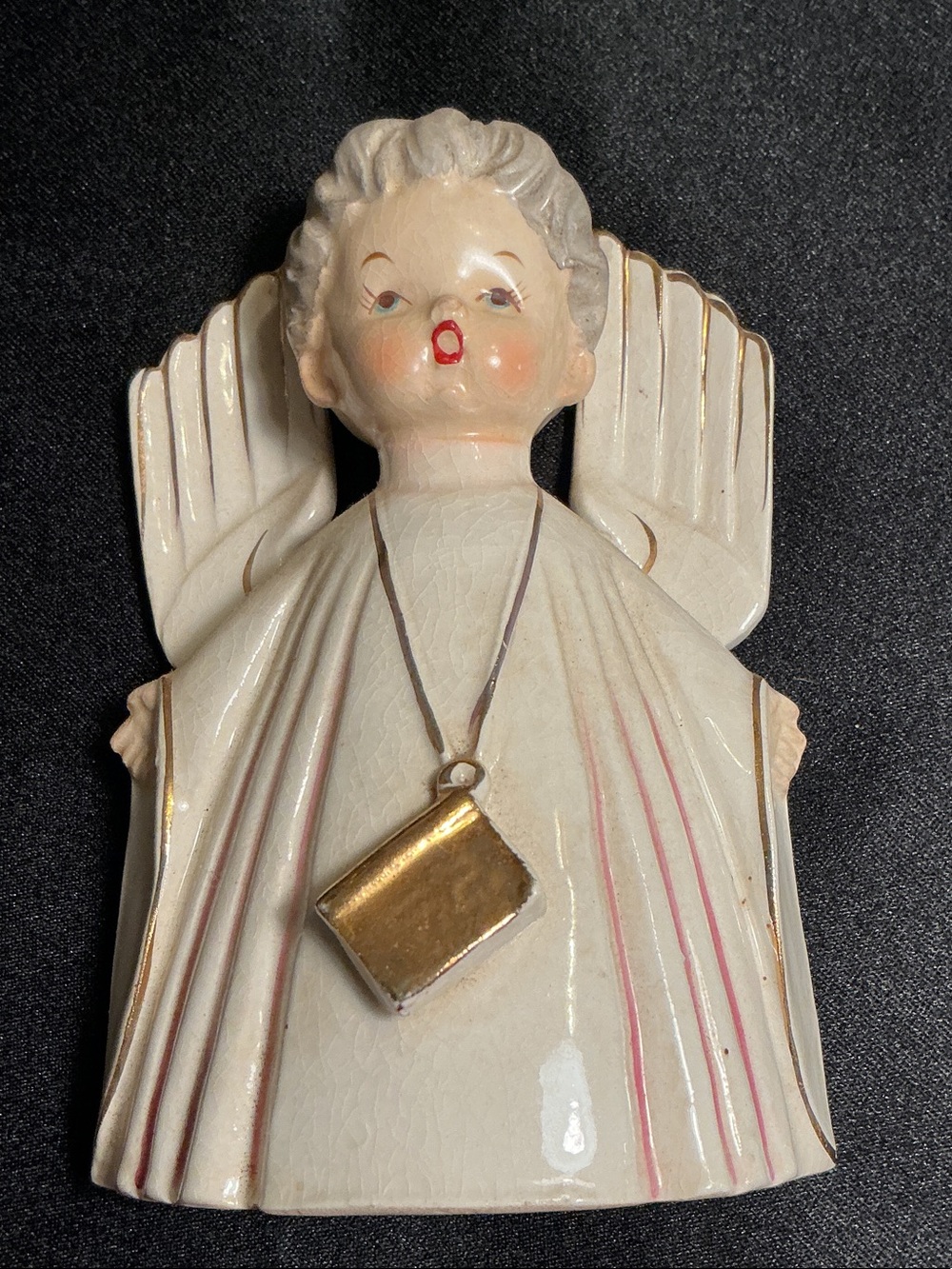Antique RARE Cream and Gold Ceramic Angel Figurine with gold painted choir book